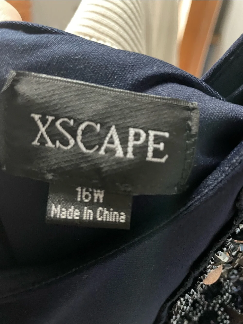 Xscape Navy Maxi Evening Gown with Beaded Appliqué